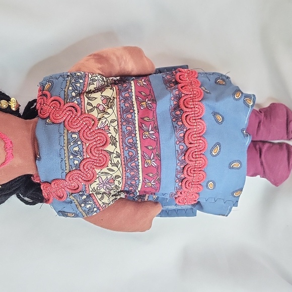 Mexican Rag Doll Dark Skin Hand Made Earrings Button Eyes Yarn Hair 15 inches - Picture 5 of 13